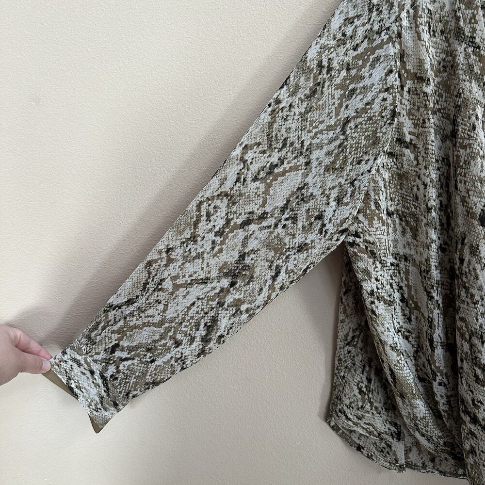DKNY Top Women's XL Brown Snake Print Faux-Wrap Long Sleeve Semi Sheer Career - Picture 11 of 11